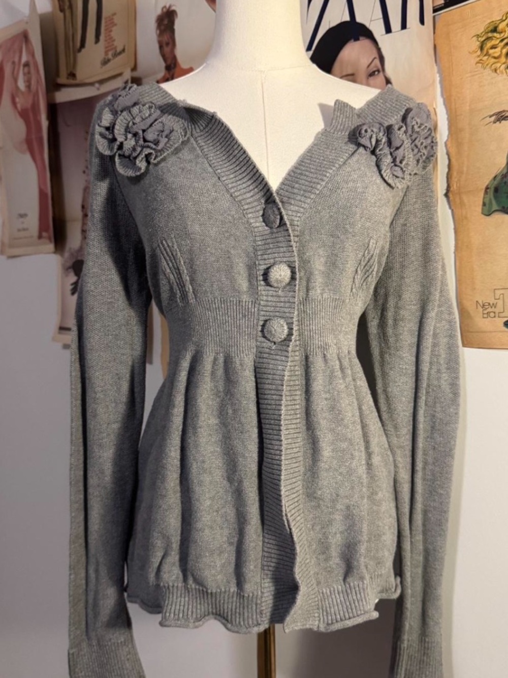DKNY Gray Cardigan with Purple Floral Accents